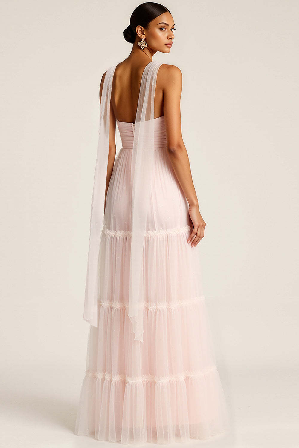 Light Pink Tulle Neck Scarf Sweetheart Long Bridesmaid Dress