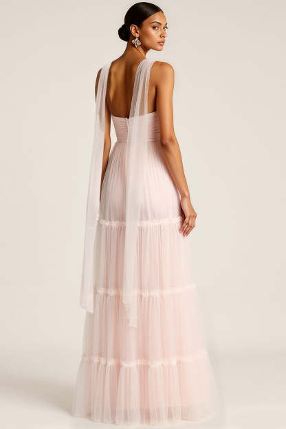 Light Pink Tulle Neck Scarf Sweetheart Long Bridesmaid Dress