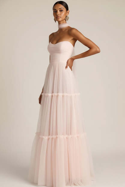 Light Pink Tulle Neck Scarf Sweetheart Long Bridesmaid Dress