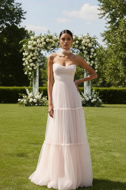 Leely Women Light Pink Tulle Long Bridesmaid Dress Neck Scarf Sweetheart Backless A Line Wedding Guest Dress