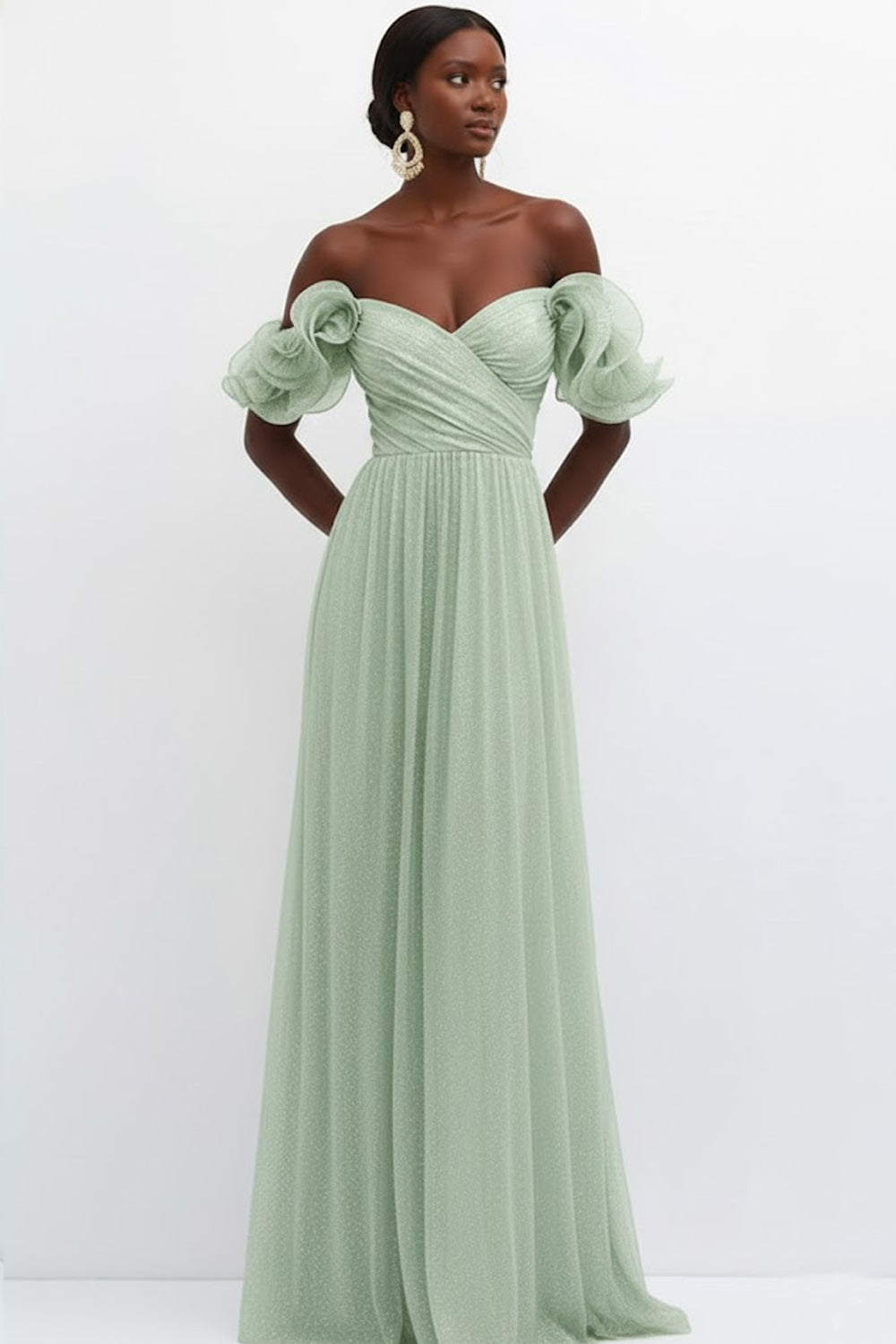 Light Green Off the Shoulder Tulle Backless Long Bridesmaid Dress