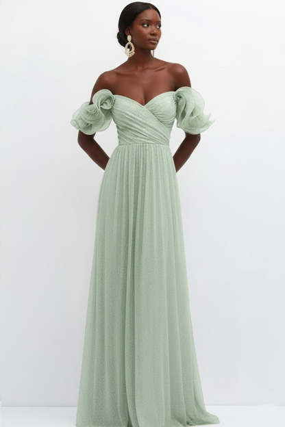 Lilac Off the Shoulder Tulle Ruffled Long Bridesmaid Dress