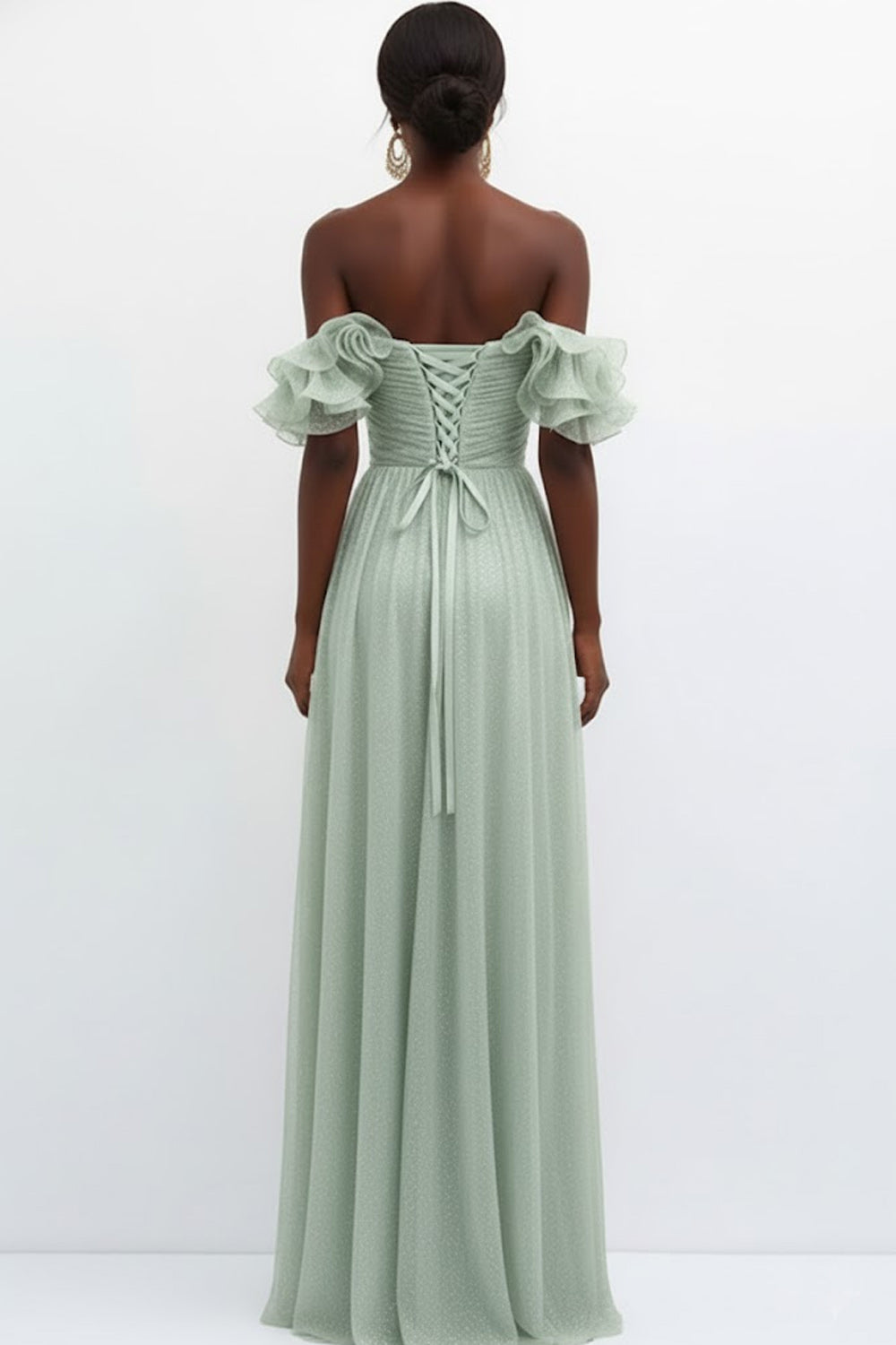 Light Green Off the Shoulder Tulle Backless Long Bridesmaid Dress