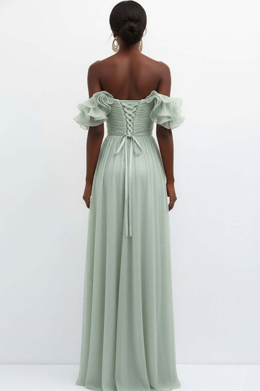 Light Green Off the Shoulder Tulle Backless Long Bridesmaid Dress