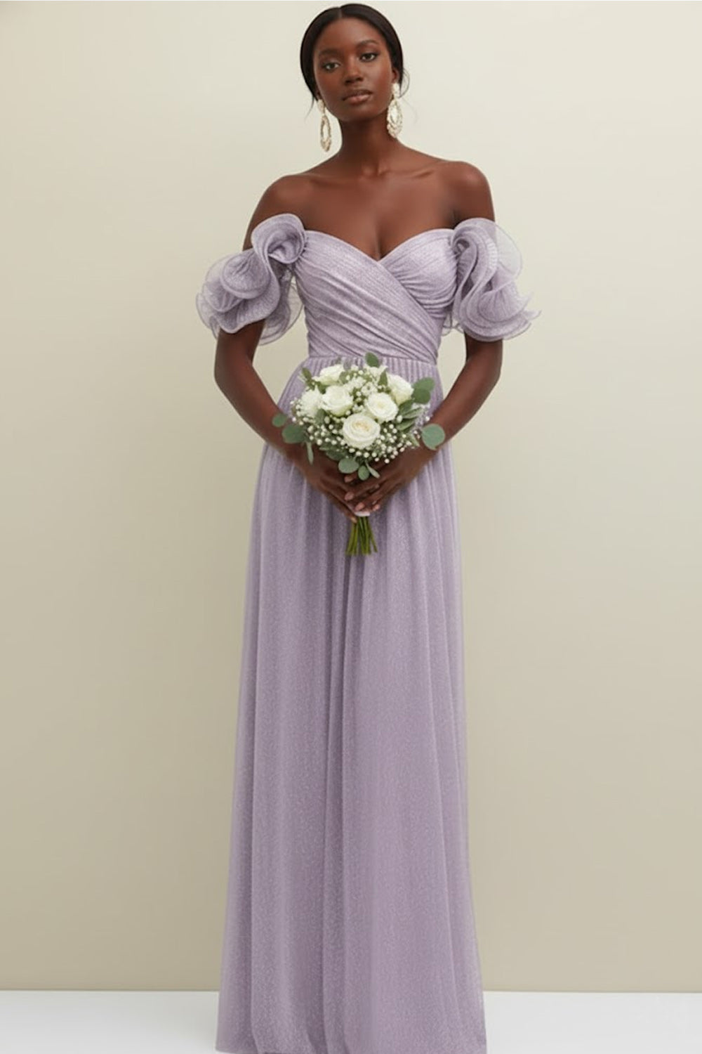 Lilac Off the Shoulder Tulle Ruffled Long Bridesmaid Dress