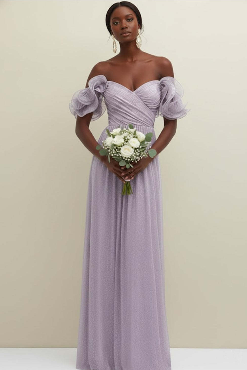Leely Women Lilac Tulle Ruffled Bridesmaid Dress Ruched Off the Shoulder Backless Wedding Guest Dress