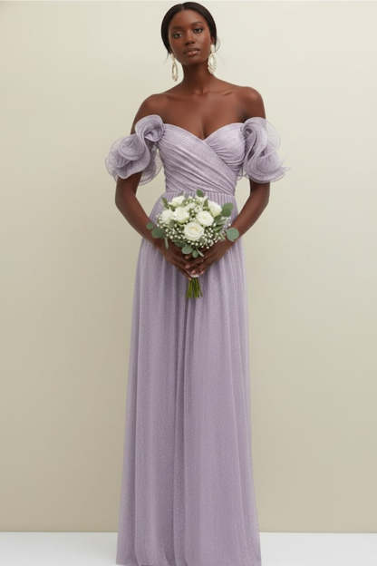 Leely Women Lilac Tulle Ruffled Bridesmaid Dress Ruched Off the Shoulder Backless Wedding Guest Dress
