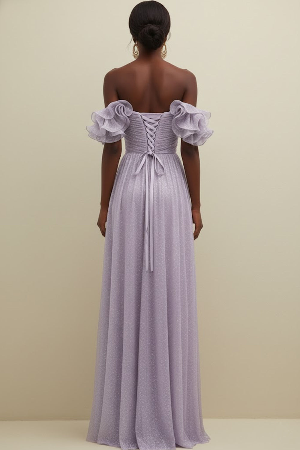 Lilac Off the Shoulder Tulle Ruffled Long Bridesmaid Dress