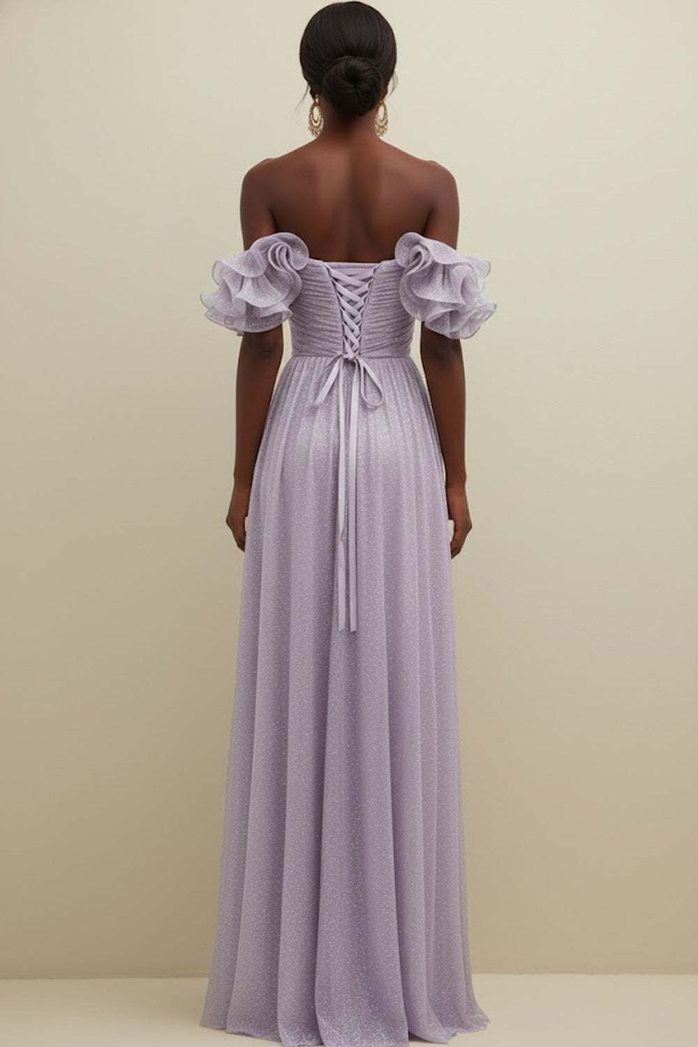 Lilac Off the Shoulder Tulle Ruffled Long Bridesmaid Dress