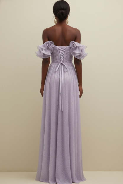 Lilac Off the Shoulder Tulle Ruffled Long Bridesmaid Dress