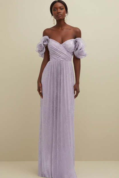 Lilac Off the Shoulder Tulle Ruffled Long Bridesmaid Dress
