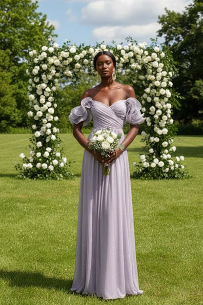 Lilac Off the Shoulder Tulle Ruffled Long Bridesmaid Dress