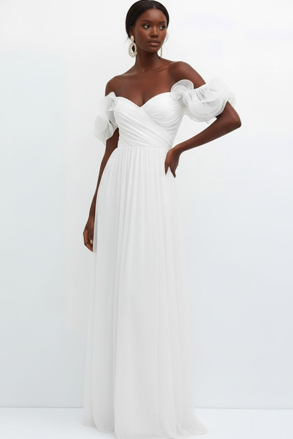 Lilac Off the Shoulder Tulle Ruffled Long Bridesmaid Dress