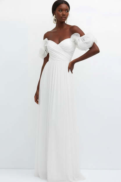 Lilac Off the Shoulder Tulle Ruffled Long Bridesmaid Dress