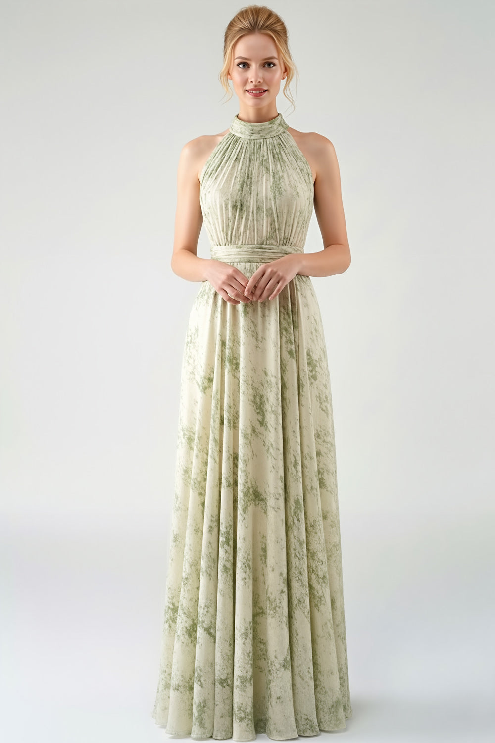 Floral Dusty Sage Halter Neck Backless Long Bridesmaid Dress