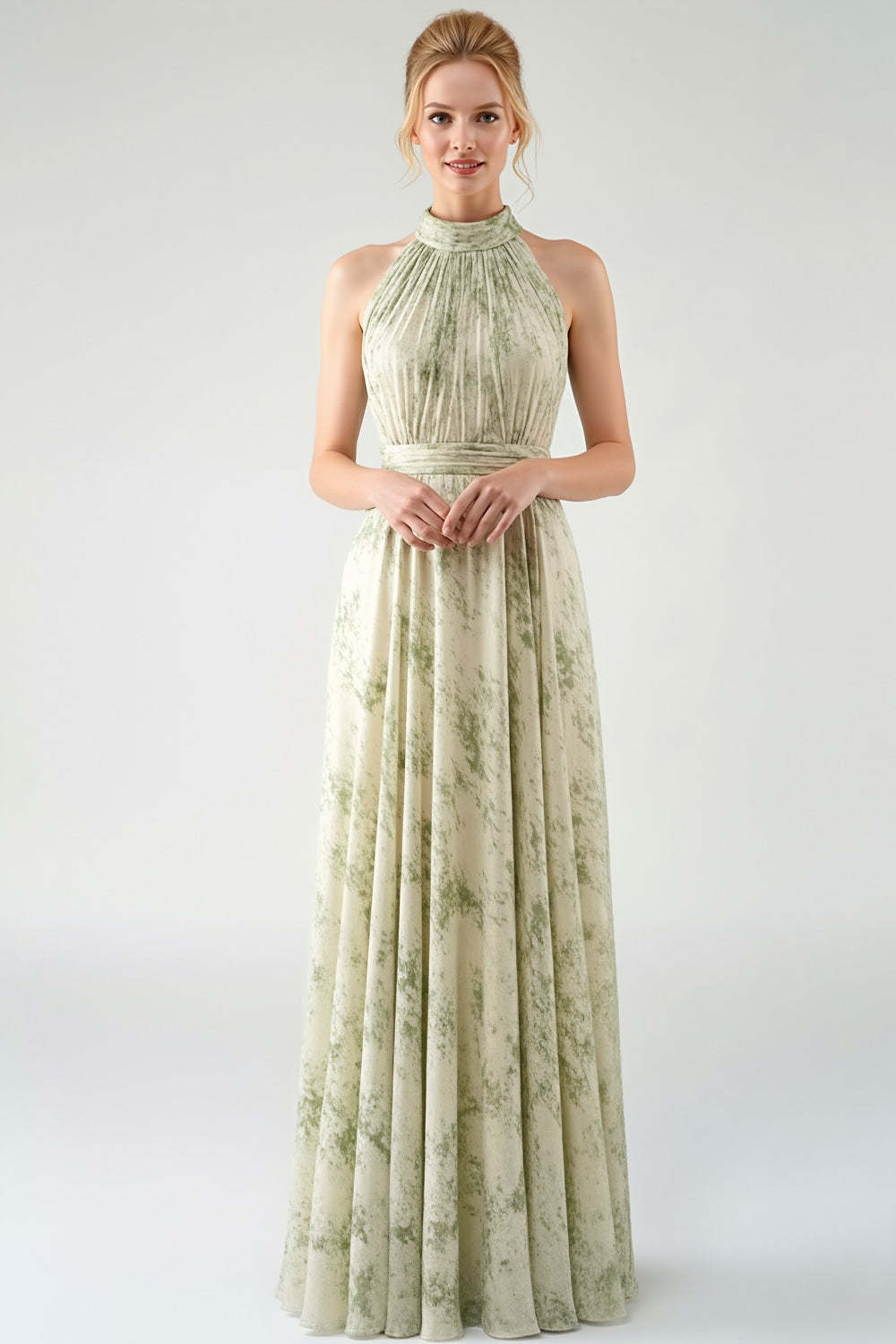 Leely Women Floral Dusty Sage Long Bridesmaid Dress Halter Neck Backless Wedding Guest Dress