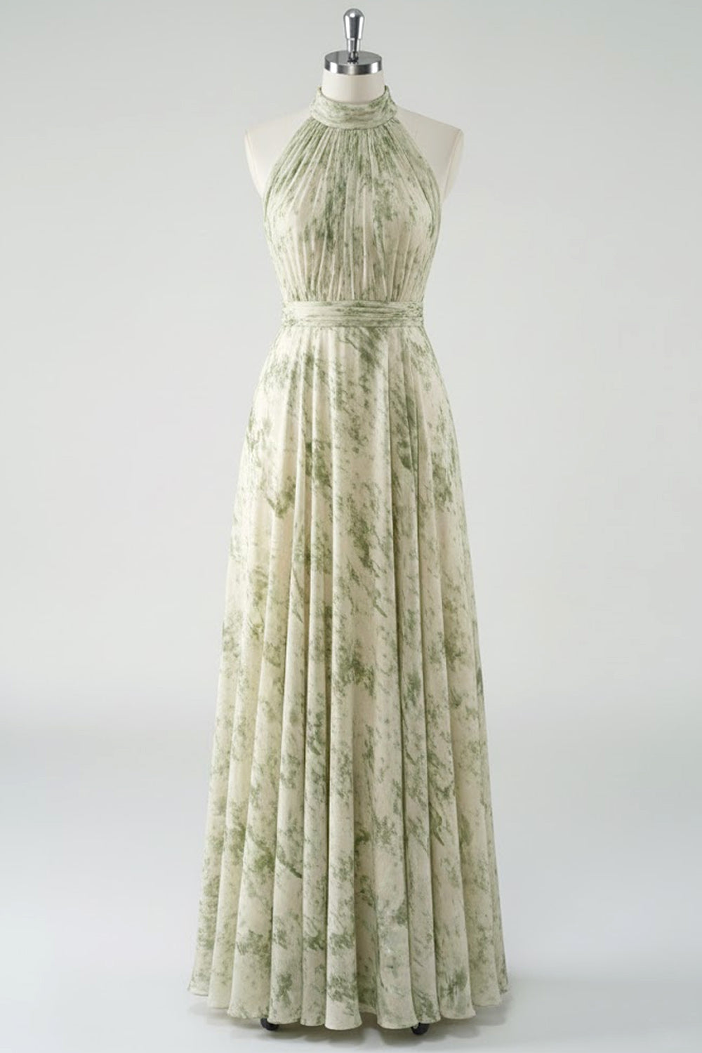 Floral Dusty Sage Halter Neck Backless Long Bridesmaid Dress