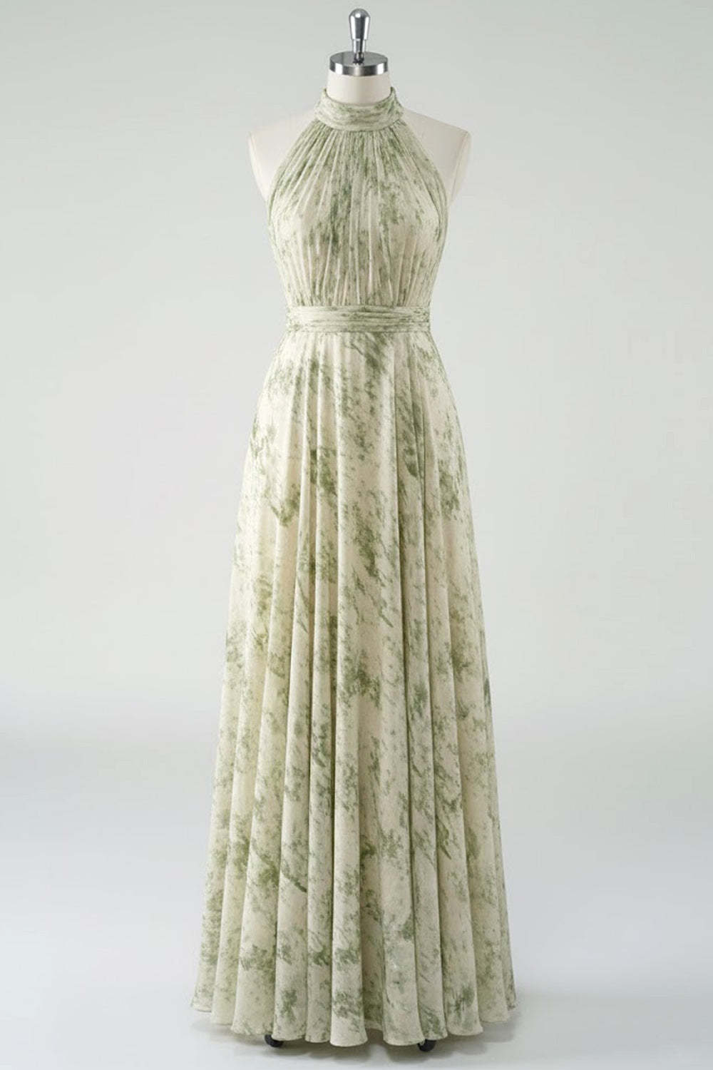 Floral Dusty Sage Halter Neck Backless Long Bridesmaid Dress