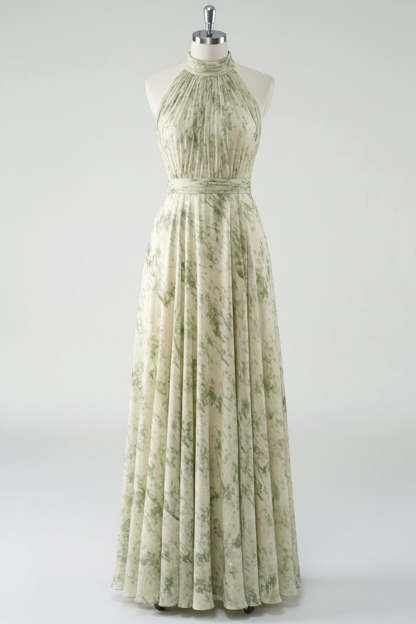 Floral Dusty Sage Halter Neck Backless Long Bridesmaid Dress