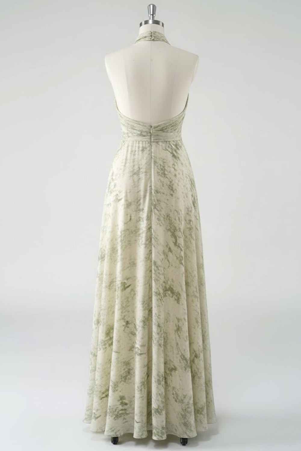Floral Dusty Sage Halter Neck Backless Long Bridesmaid Dress