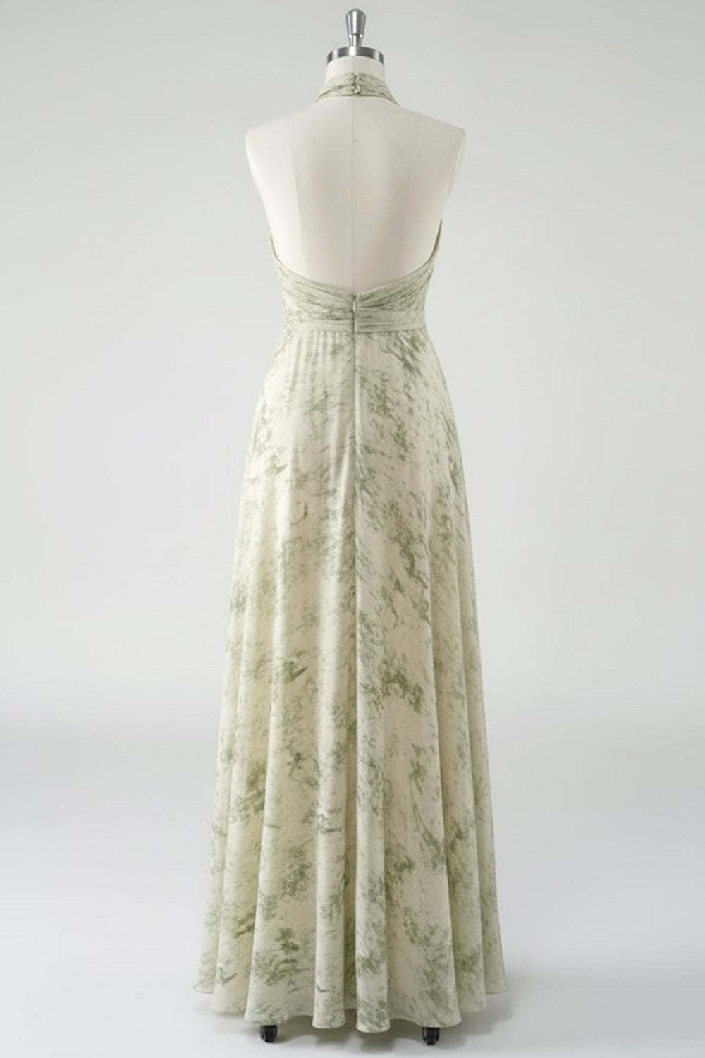 Floral Dusty Sage Halter Neck Backless Long Bridesmaid Dress