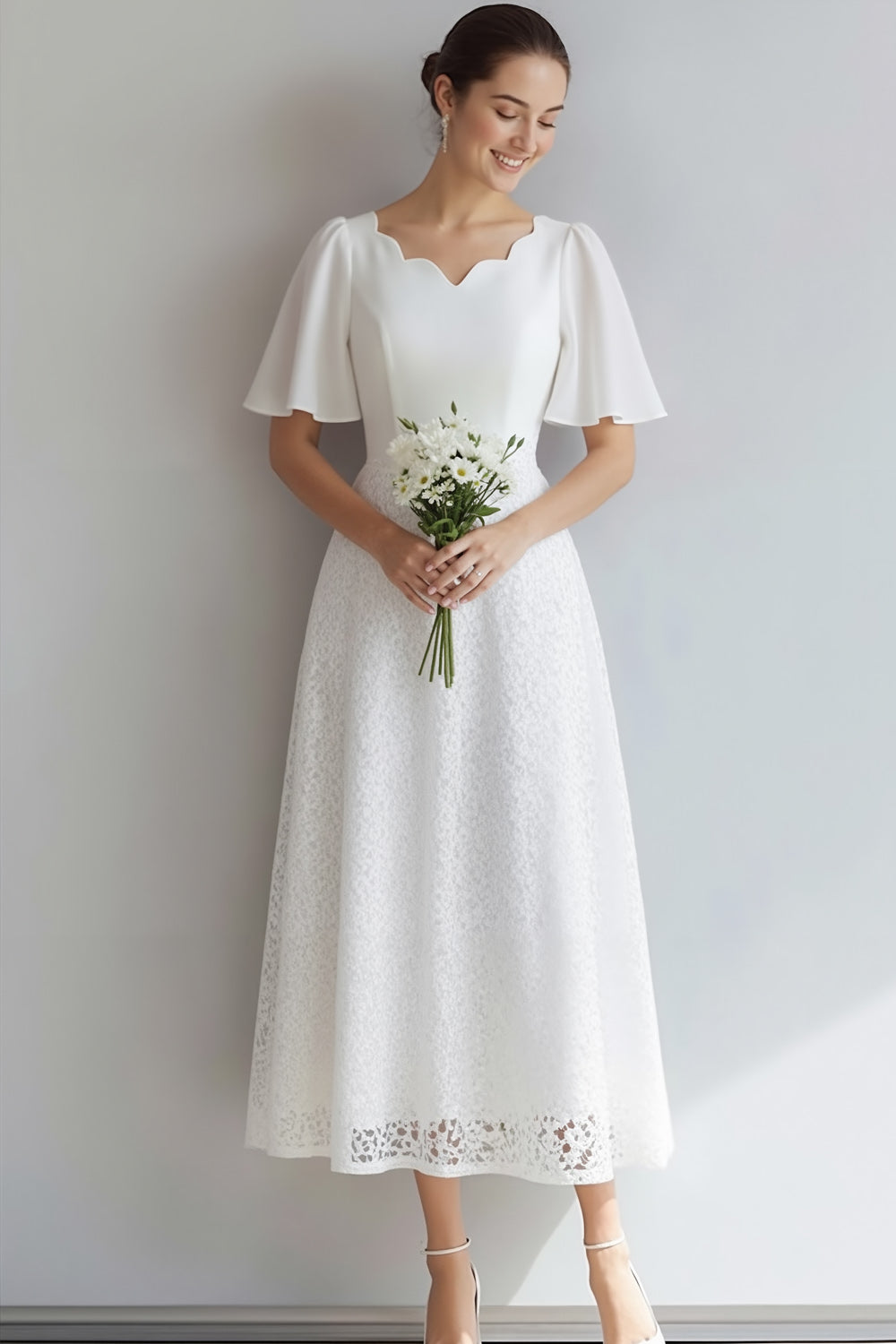 White A Line Wedding Reception Dress with Sleeves