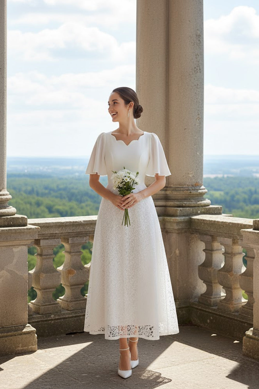 White A Line Wedding Reception Dress with Sleeves