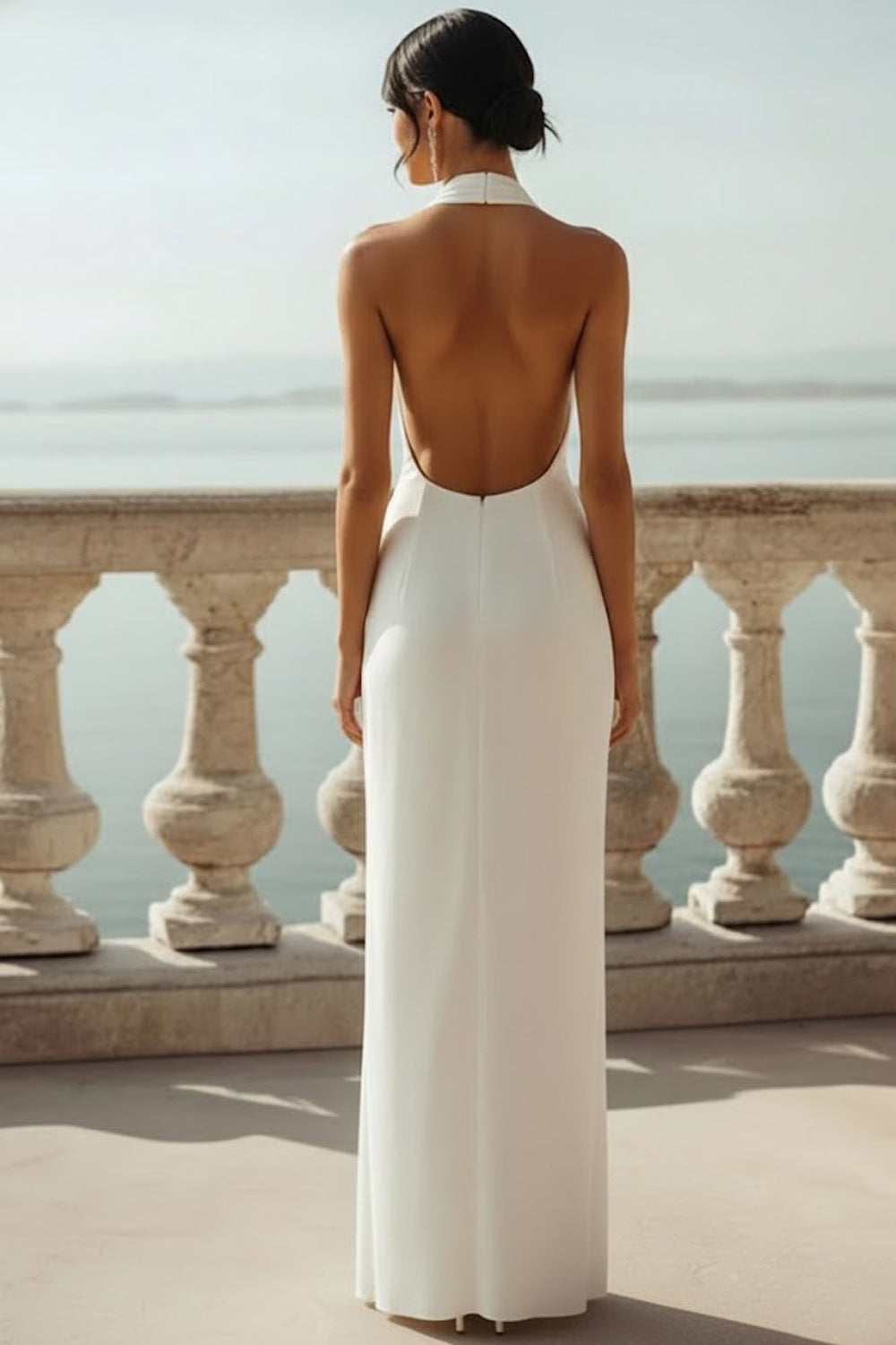 White Criss Cross Neck Chiffon Long Wedding Reception Dress with Slit