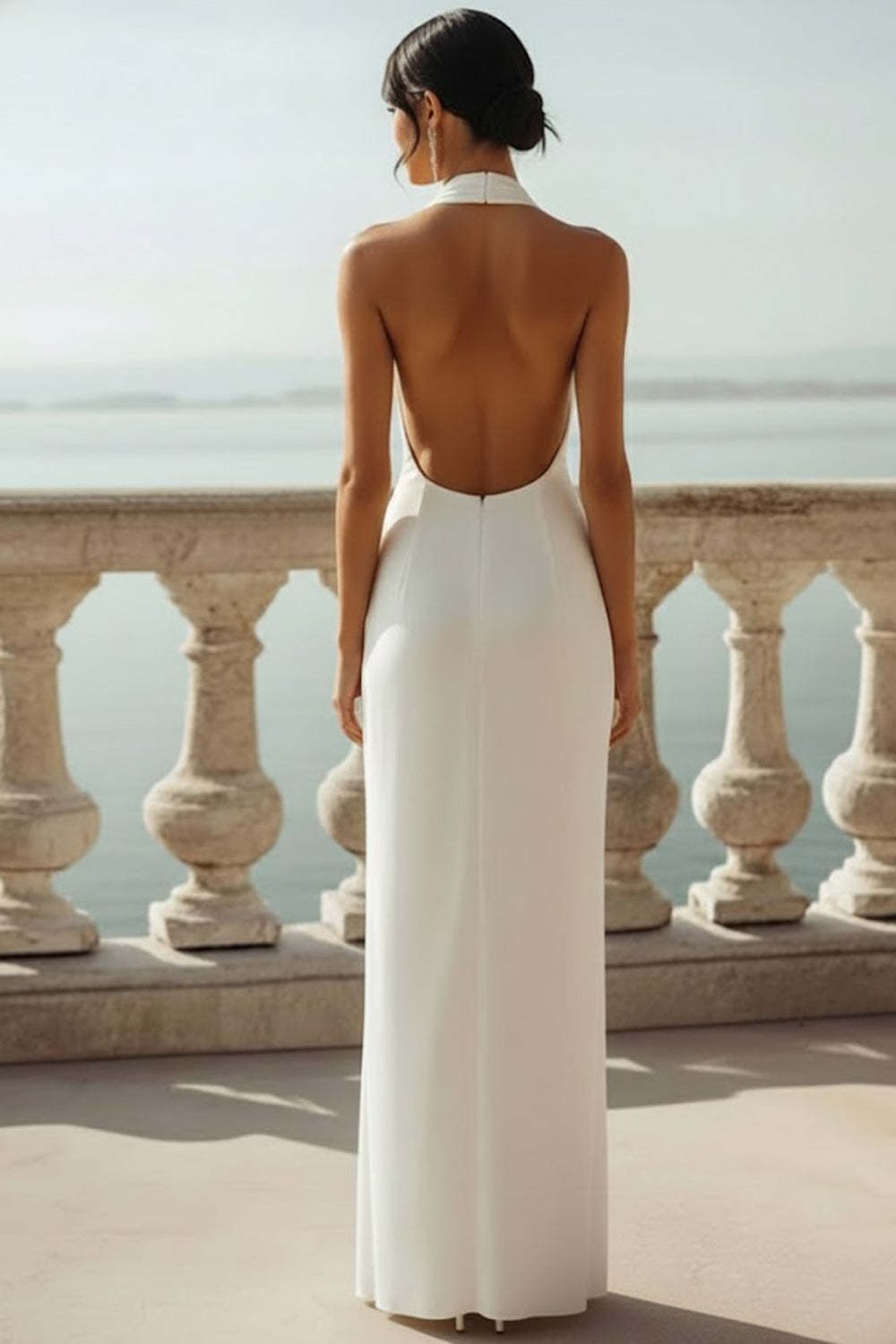 White Criss Cross Neck Chiffon Long Wedding Reception Dress with Slit