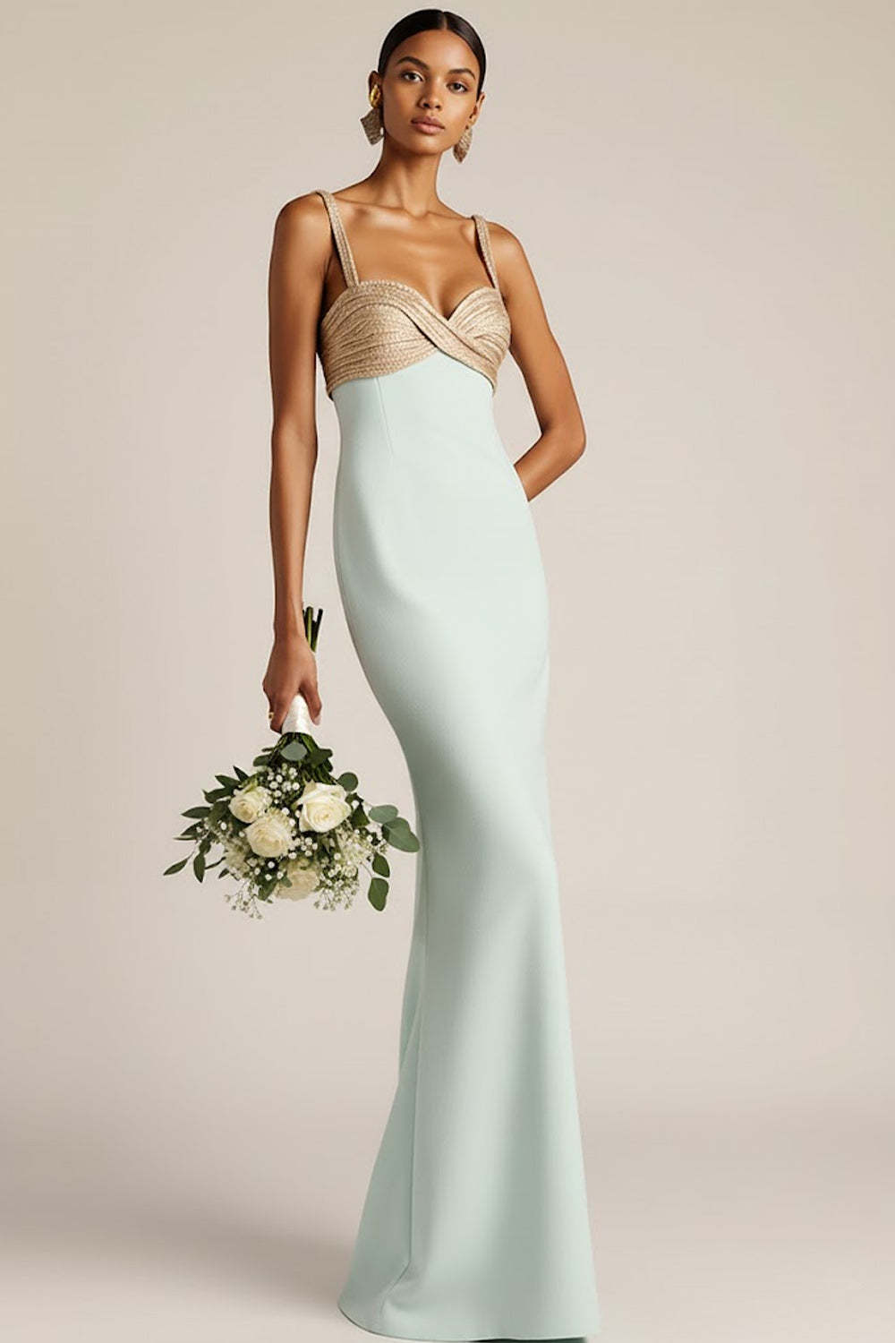 Leely Women Light Green Mermaid Maxi Bridesmaid Dress Satin Ruched Sweetheart Wedding Guest Dress