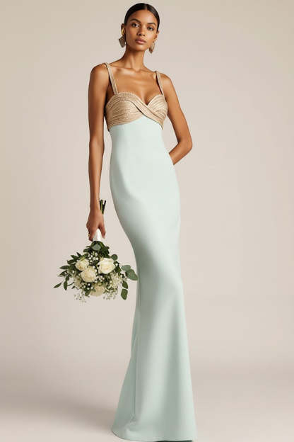 Leely Women Light Green Mermaid Maxi Bridesmaid Dress Satin Ruched Sweetheart Wedding Guest Dress