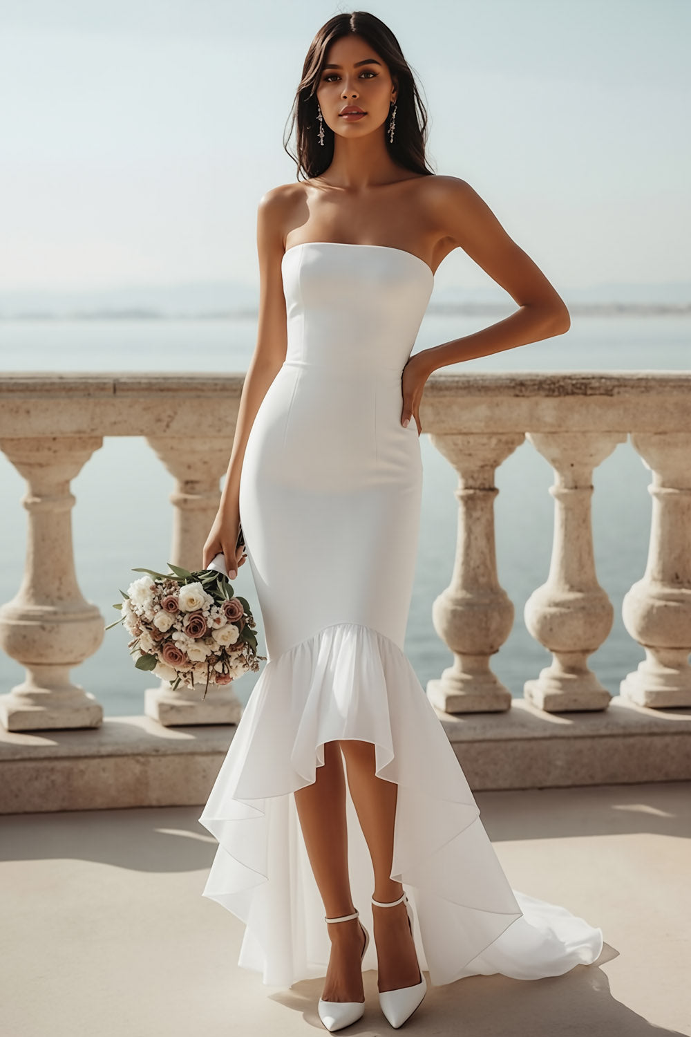 White Strapless Mermaid Asymmetrical Wedding Reception Dress with Ruffles