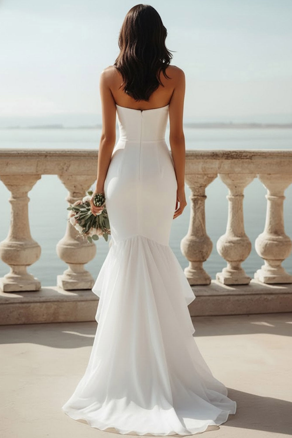 White Strapless Mermaid Asymmetrical Wedding Reception Dress with Ruffles