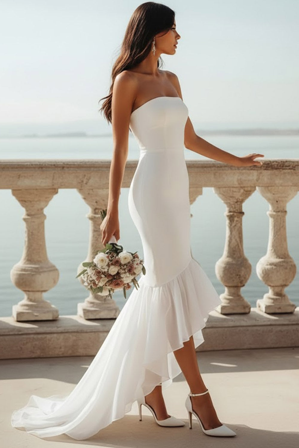 White Strapless Mermaid Asymmetrical Wedding Reception Dress with Ruffles