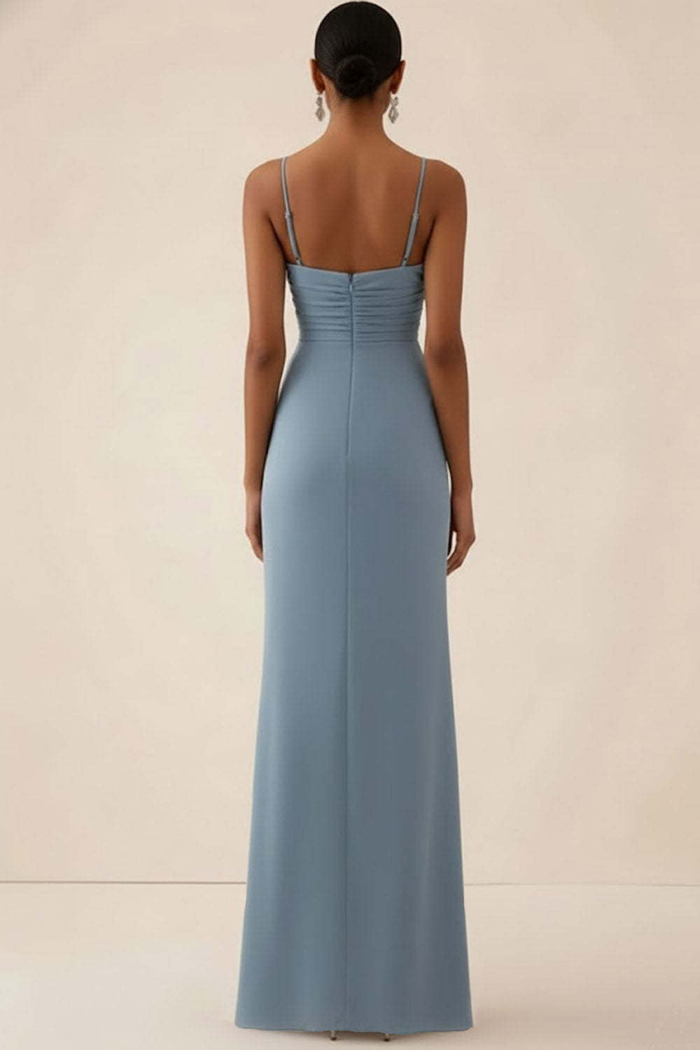 Dusty Blue Spaghetti Straps Ruched Long Bridesmaid Dress with Slit