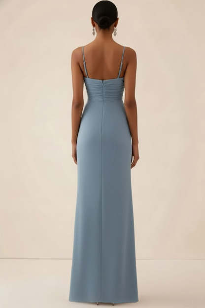Dusty Blue Spaghetti Straps Ruched Long Bridesmaid Dress with Slit