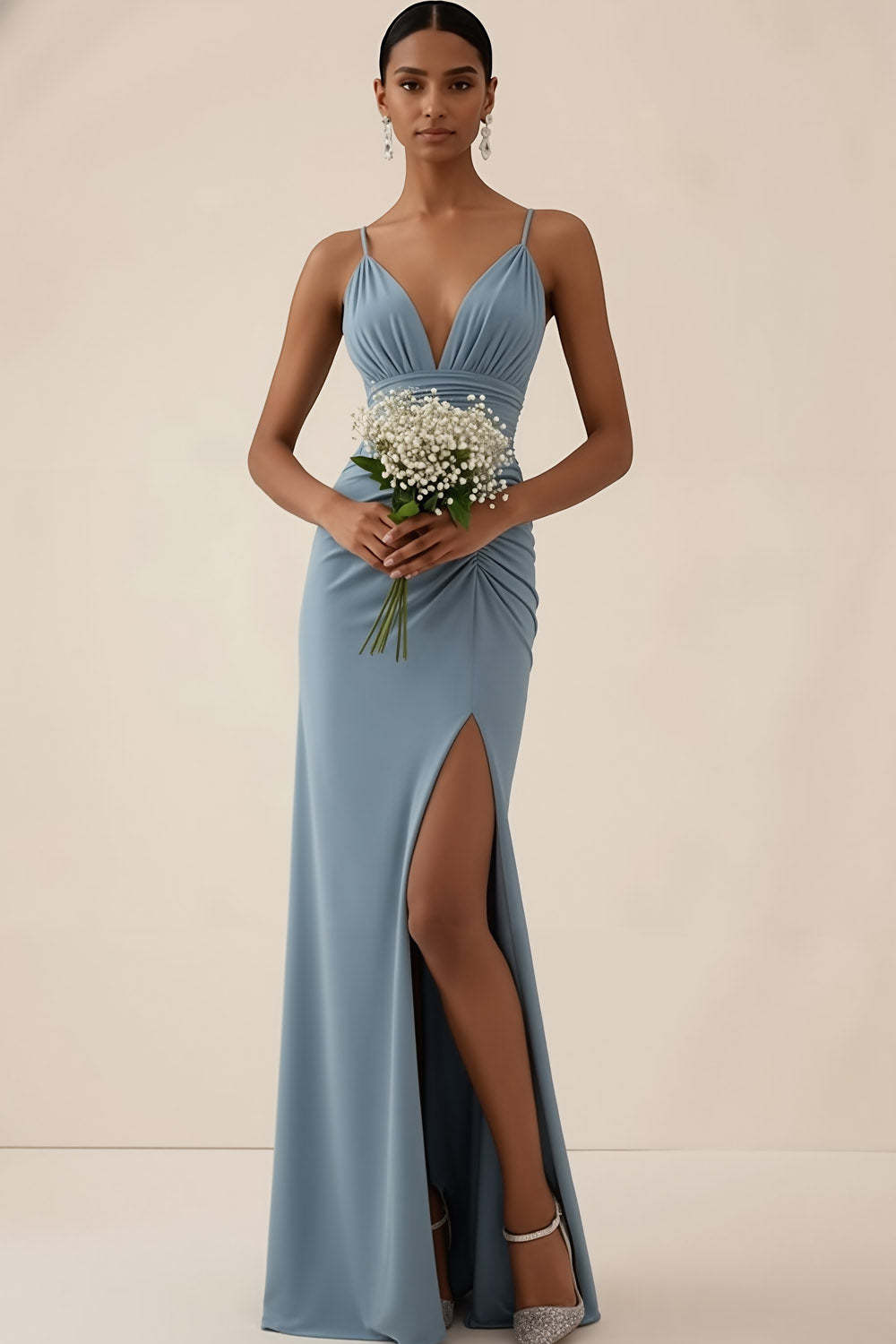 Dusty Blue Spaghetti Straps Ruched Long Bridesmaid Dress with Slit