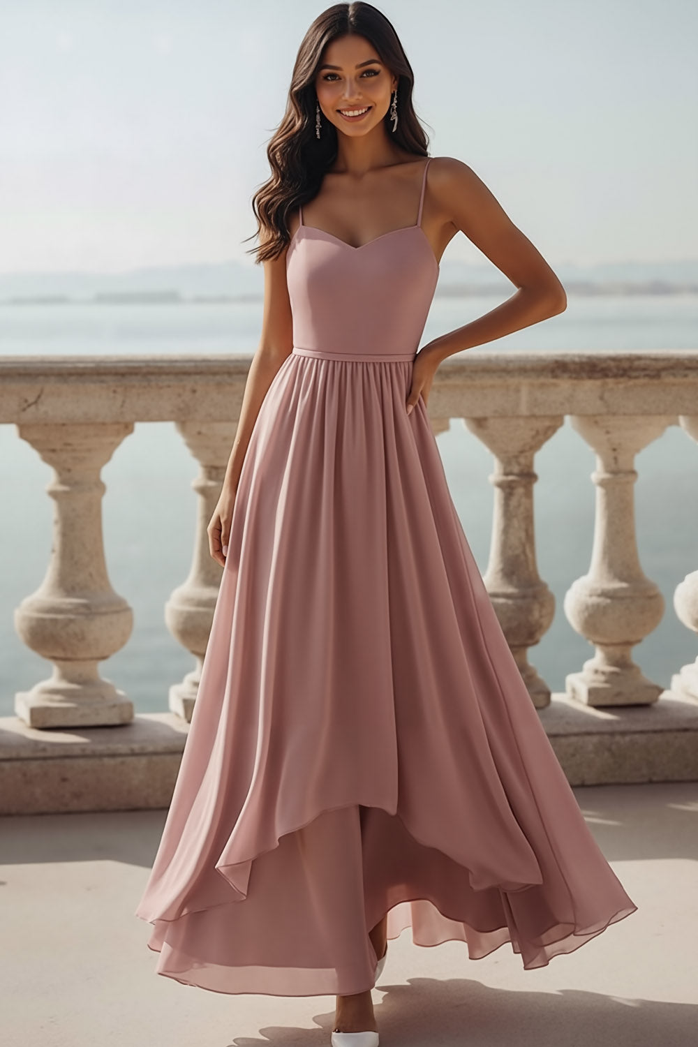 Leely Women Vintage Rose A Line Maxi Bridesmaid Dress Chiffon Spaghetti Straps Flowy Wedding Guest Dress