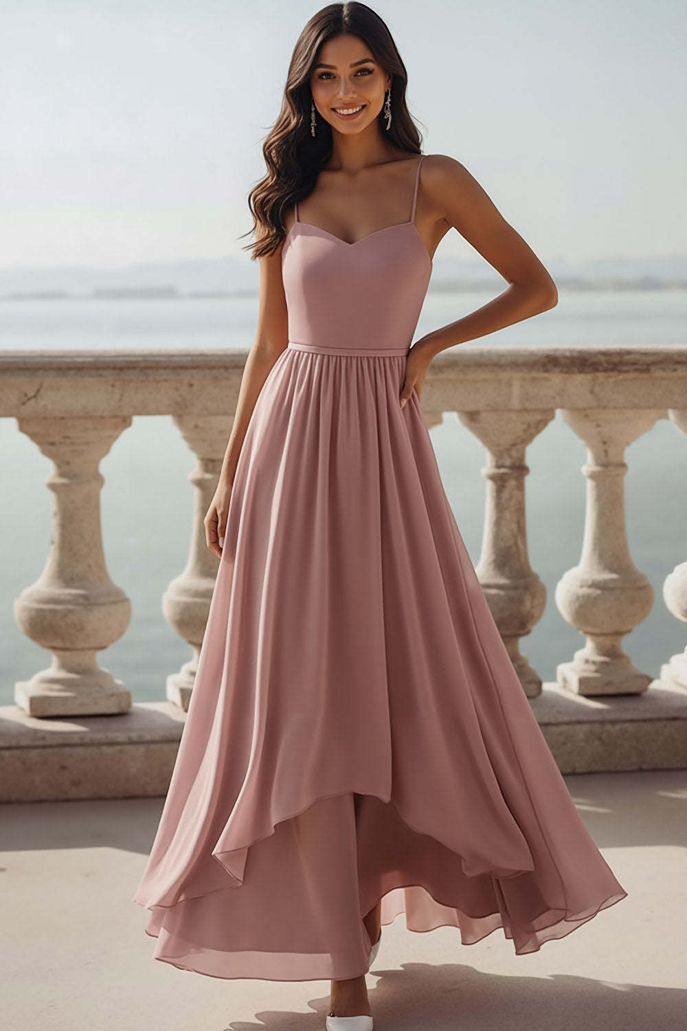 Leely Women Vintage Rose A Line Maxi Bridesmaid Dress Chiffon Spaghetti Straps Flowy Wedding Guest Dress