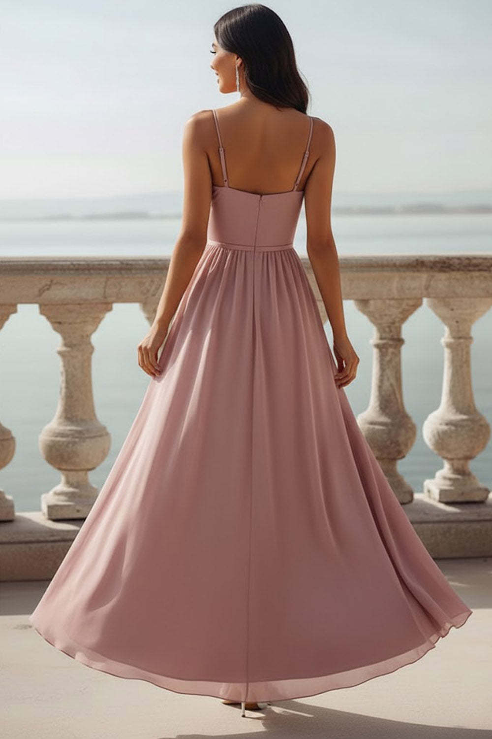 Vintage Rose Chiffon Spaghetti Straps Maxi Bridesmaid Dress