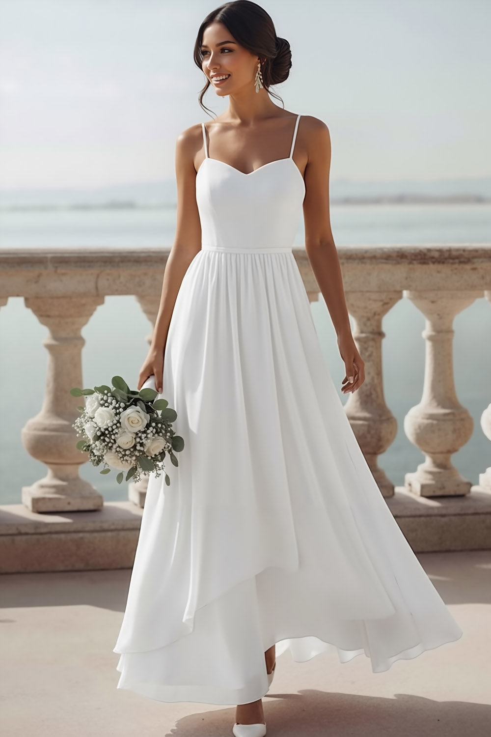 White Chiffon Spaghetti Straps Maxi Wedding Reception Dress