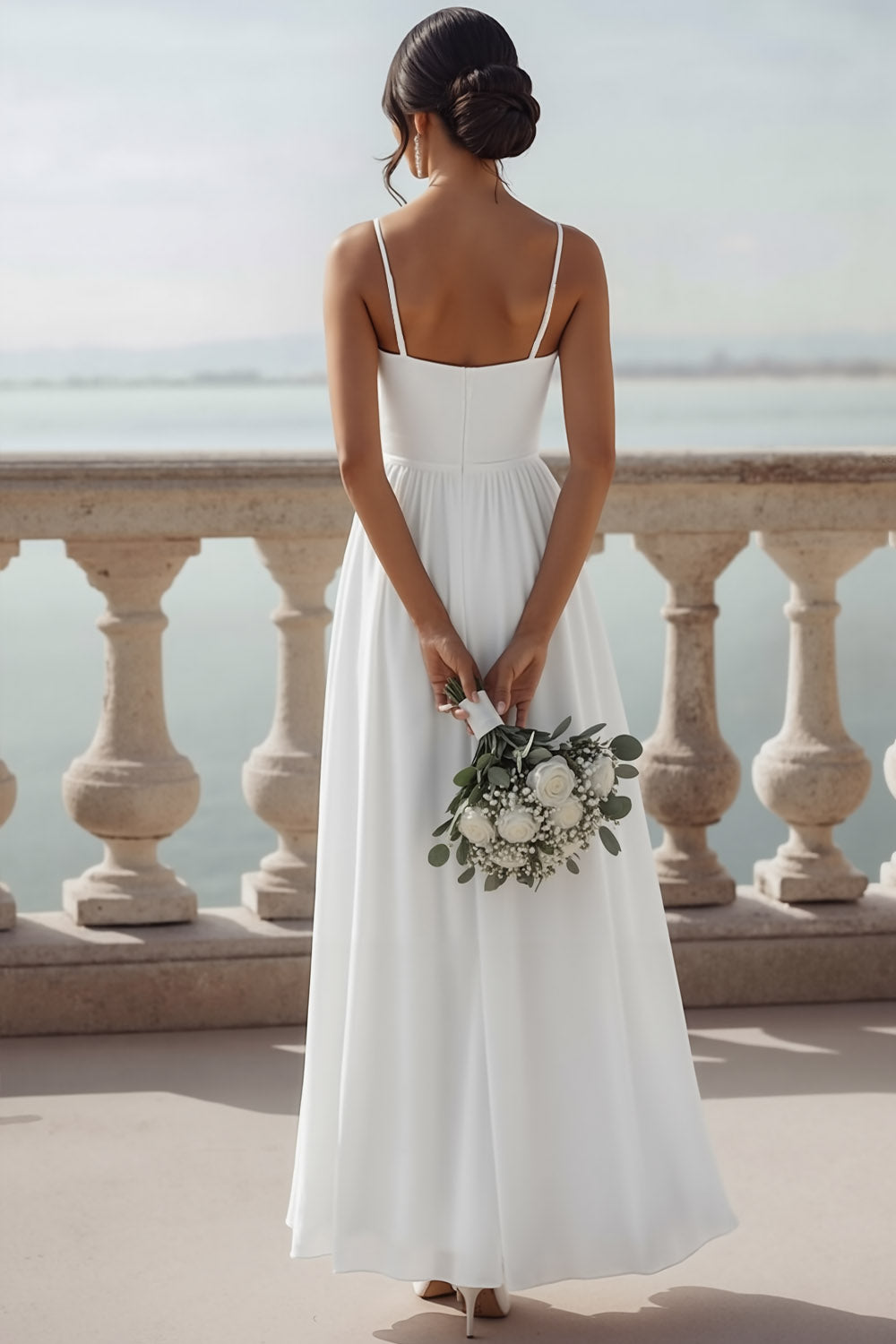 White Chiffon Spaghetti Straps Maxi Wedding Reception Dress