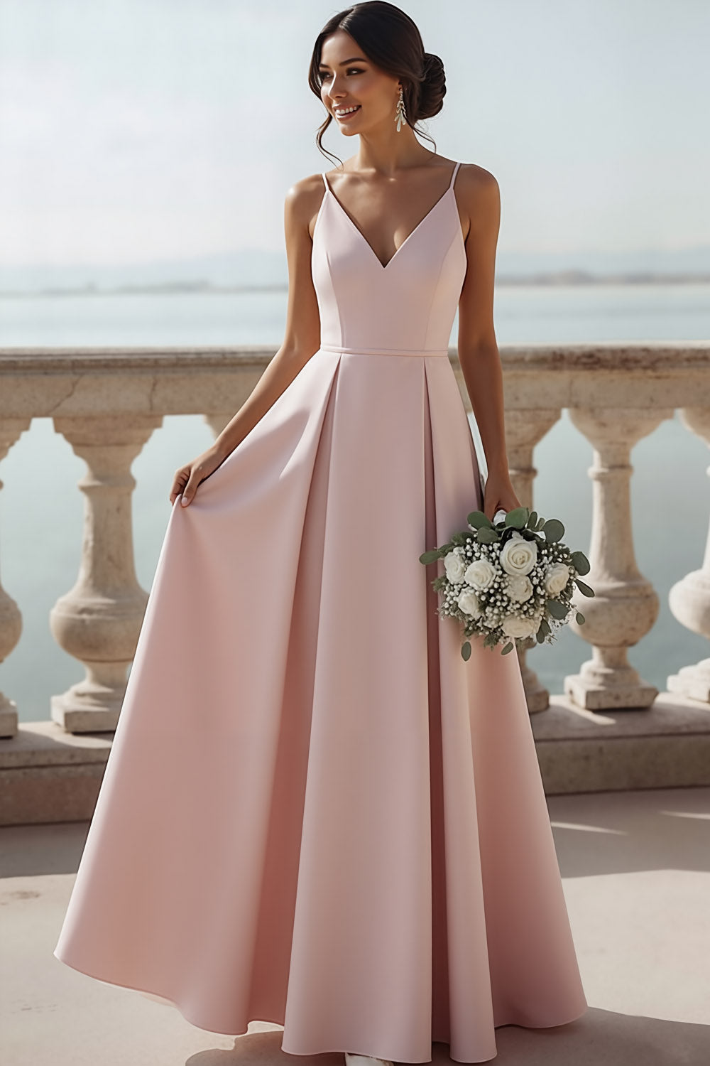 Leely Women Pink A Line Maxi Bridesmaid Dress V Neck High Waist Wedding Guest Dress