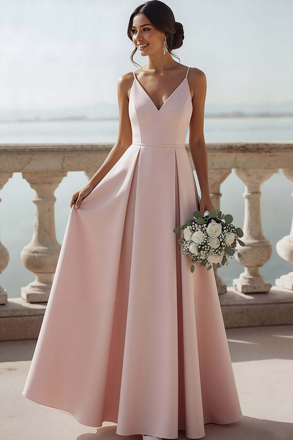 Leely Women Pink A Line Maxi Bridesmaid Dress V Neck High Waist Wedding Guest Dress