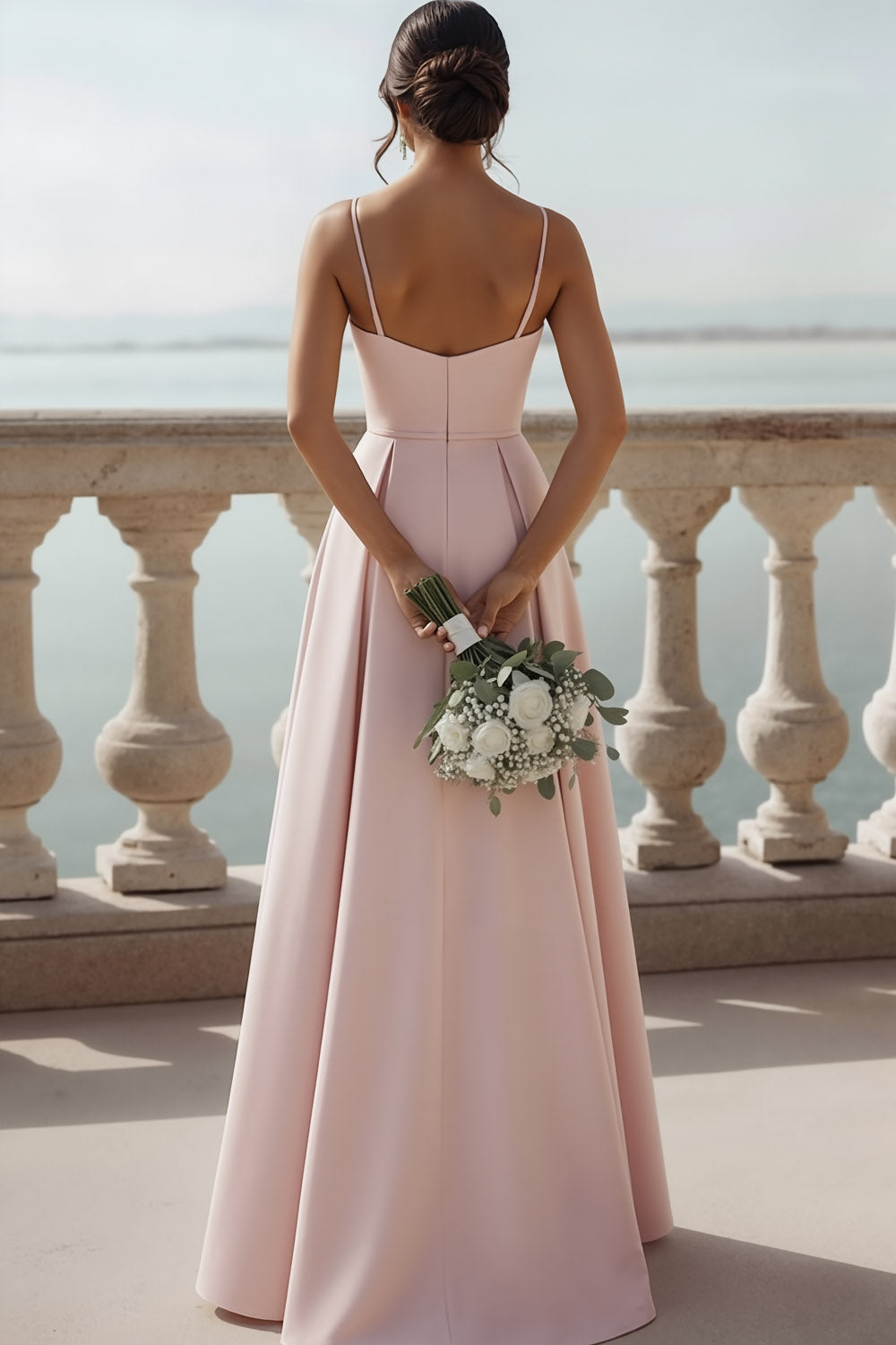 Pink V Neck A Line High Waist Long Bridesmaid Dress