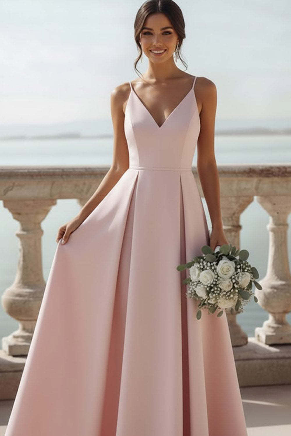 Pink V Neck A Line High Waist Long Bridesmaid Dress