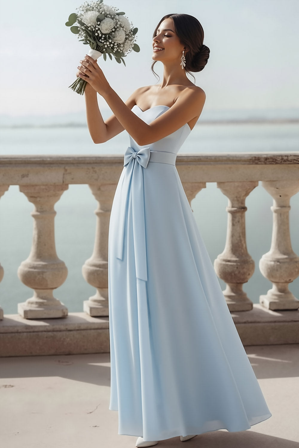 Light Blue Chiffon A Line Sweetheart Long Bridesmaid Dress with Bow