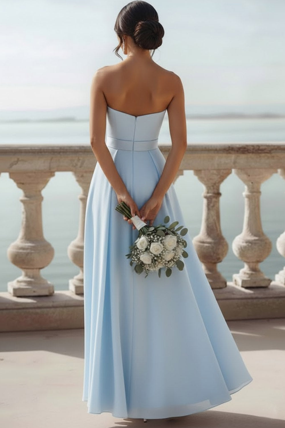 Light Blue Chiffon A Line Sweetheart Long Bridesmaid Dress with Bow