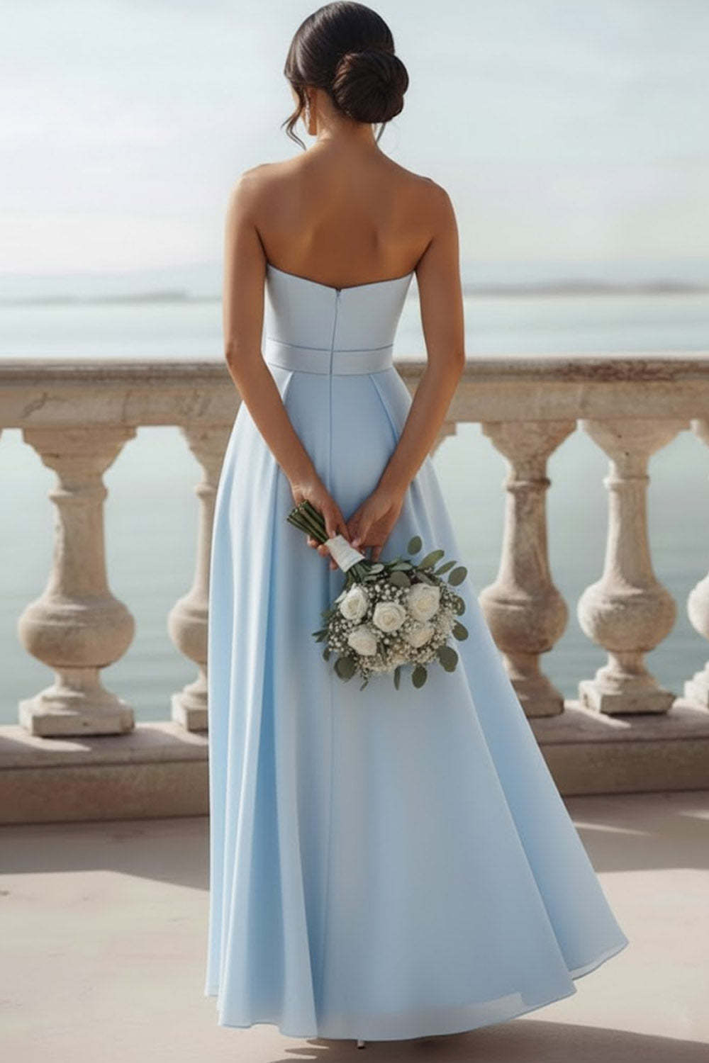 Light Blue Chiffon A Line Sweetheart Long Bridesmaid Dress with Bow