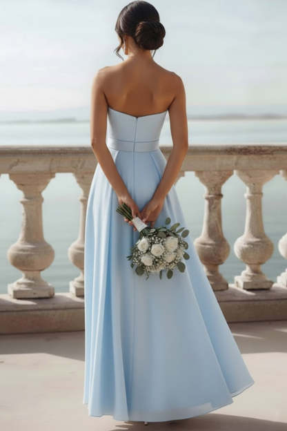 Light Blue Chiffon A Line Sweetheart Long Bridesmaid Dress with Bow
